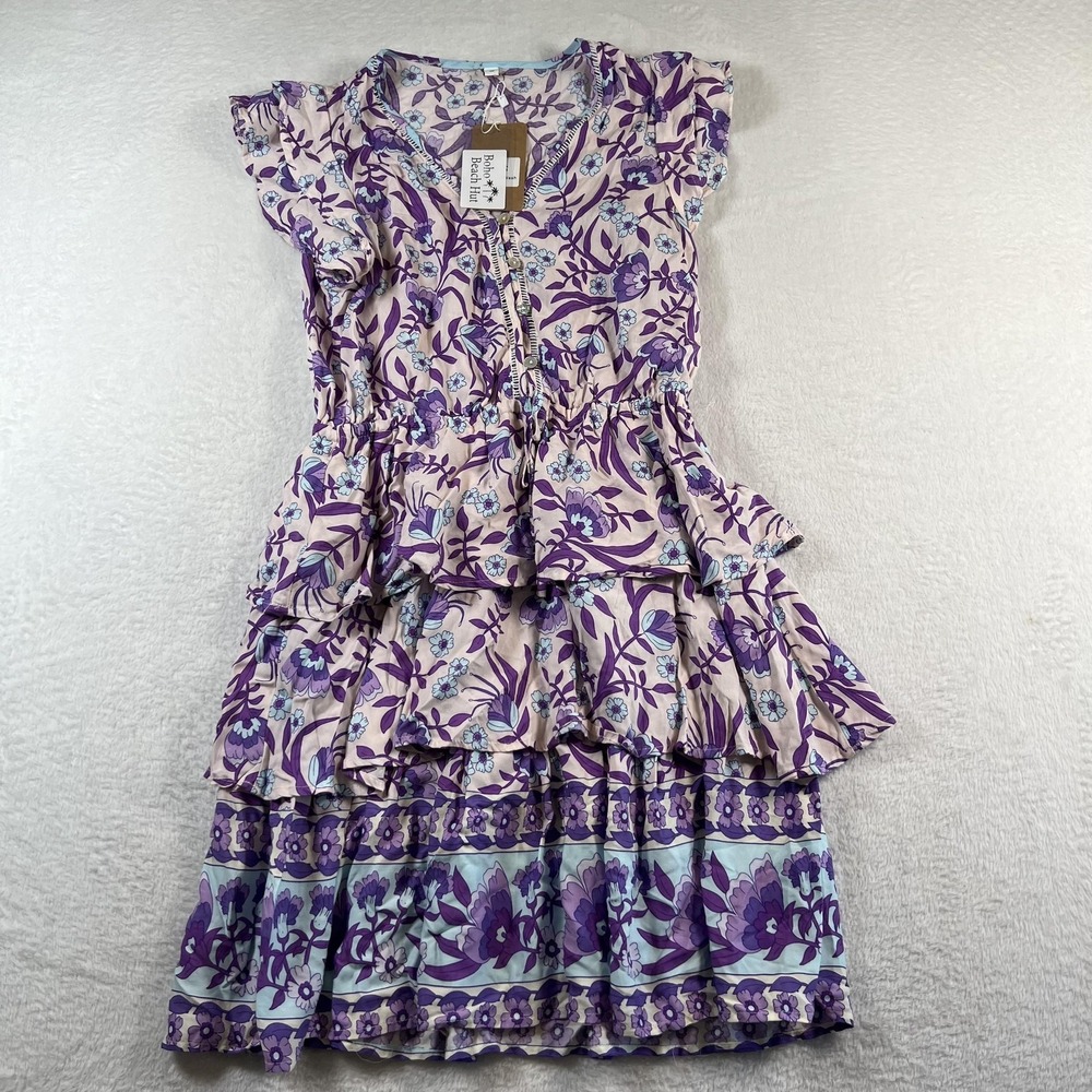 Boho Beach Hut‎ Dress Womens Small Purple Floral Ruffle Tiered Boho Sundress